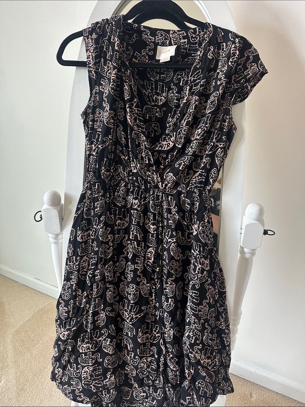 Maeve Black Midi Dress with Cream Elephant Motif